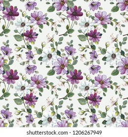 Seamless floral background with beautiful pink wildflowers. Bouquet of aster in a watercolor style. Garden cosmos bipinnatus. Realistic vector illustration and pattern