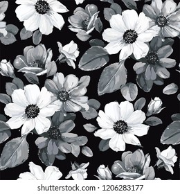 Seamless floral background with beautiful wildflowers. Bouquet of aster in a watercolor style. Garden cosmos bipinnatus. Realistic vector illustration and pattern
