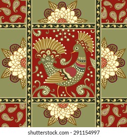 Seamless floral background with bird. Vector ethnic design.