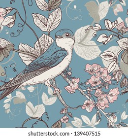 Seamless floral background with bird The wallpaper in vintage style