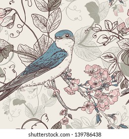 Seamless Floral Background With Bird The Wallpaper In Vintage Style