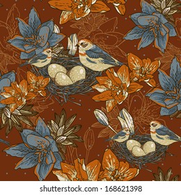 Seamless floral background with bird  Wallpaper in vintage style 