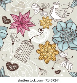 seamless floral background with birds