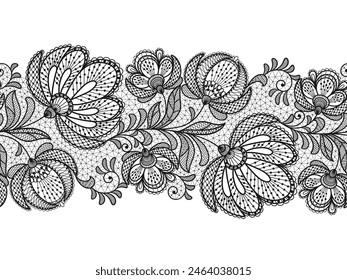 Seamless floral background with black lace flowers.Vector handmade blacke lace branches with flowers. Lace ribbon