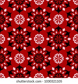 Seamless floral background. Black and white pattern on red backdrop