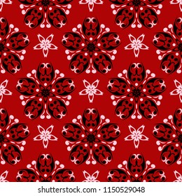 Seamless floral background. Black and white pattern on red backdrop