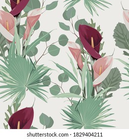 Seamless Floral Background with Blooming calla lilly, palms, eucaliptus and herbs. Wallpaper in simple style.