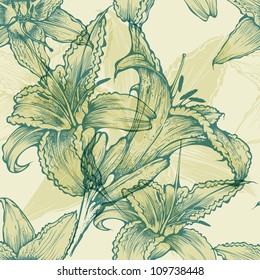 Seamless floral background with blooming lilies, hand drawing, vector.