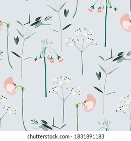 Seamless Floral Background with Blooming Wild flowers. Wallpaper in simple line style on blue grey background. 