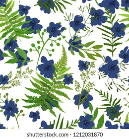 Seamless Floral background. Blue flowers with green leaves on white background. Design for prints, textile. Vector illustration.