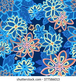 Seamless Floral background. Blue isolated flowers and leafs on blue background. Vector illustration.