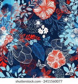 Nahtlose, floraler Hintergrund, blau und rot. Handzeichnung. Nicht AI, Vektorgrafik