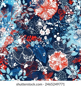 Fondo floral sin costuras de flores azules y rojas. dibujo a mano. AI no, Ilustración vectorial.