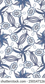 Seamless floral background, blue symbolic silhouette flowers on white. 