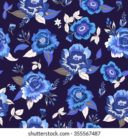 Seamless Floral background. Blue and white flowers and leafs on dark blue background. Vector illustration.