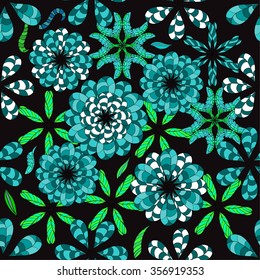 Seamless Floral background. Blue and white flowers and leafs on dark blue background. Vector illustration.