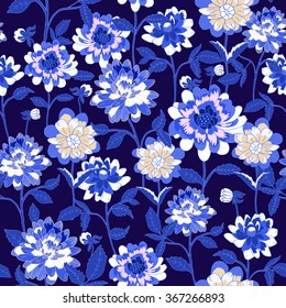 Seamless Floral background. Blue and white isolated flowers and leafs on blue  background. Vector illustration.