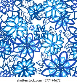 Seamless Floral background. Blue and white isolated flowers and leafs on white background. Vector illustration.