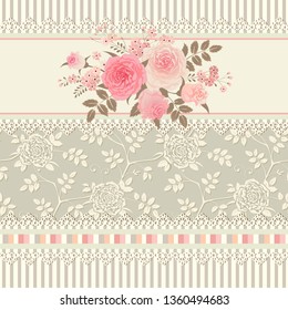 Seamless floral background and border with roses, laces and ribbons. Striped vintage pattern for textile, greeting card, fills, gift wrap, scrapbooking.