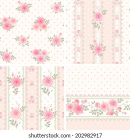 Seamless floral background and borders. Set of shabby chic style patterns with roses.