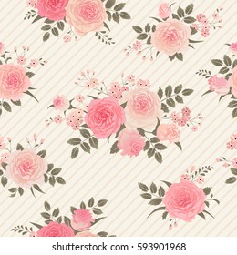 Seamless floral background with bouquets of roses. Vintage pattern for wallpaper, fabric, digital paper, etc. Shabby chic style pattern.