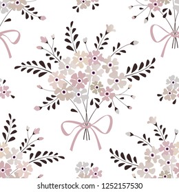 Seamless floral background with bouquets of small flowers and leaves. Vector pattern for wallpaper, fabric, digital paper, fills, etc.