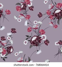 Seamless floral background with bouquets of wild flowers. Vintage ornament for wallpaper, fabric, digital paper, etc. Shabby chic style pattern.