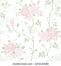 Seamless floral background with branches of pink roses. Vector pattern for wallpaper, fabric, gift wrap, digital paper, fills, etc. Shabby chic style