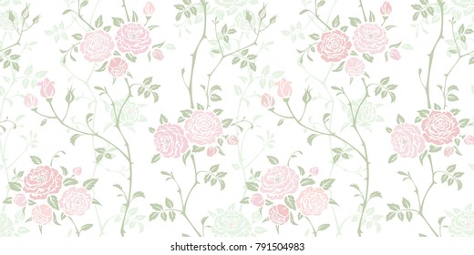 Seamless floral background with branches of pink roses. Vector pattern for wallpaper, fabric, gift wrap, digital paper, fills, etc. Shabby chic style