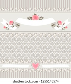 Seamless floral background with branches of roses, laces, heart. Vector pattern, border, greeting card. White ribbons for your text.