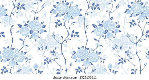 Seamless floral background with branches of roses. White and blue pattern for wallpaper, fabric, gift wrap, digital paper, fills, etc.