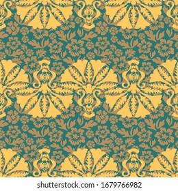 Fondo floral sin inconvenientes, con un toque marrón de estilo barroco. Ilustración vectorial retro. Motivos árabes, indios y otomanos. Color de fondo verde adorno amarillo y marrón Damasco