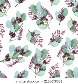 Seamless floral background with bunches of eucalyptus branches and astilba. Suitable for printing on fabric, textile, wrapping paper, decorative wallpaper, packaging, invitations.