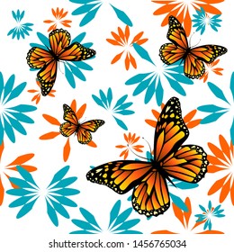 A seamless floral background with butterflies. Vector illustration
