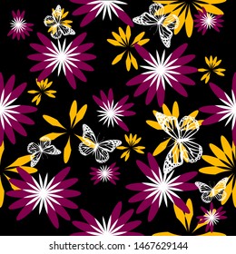 A seamless floral background with butterflies. Vector illustration