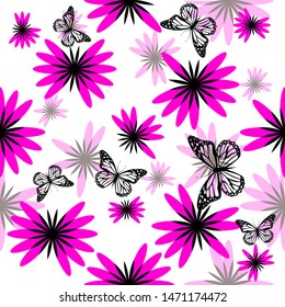 A seamless floral background with butterflies. Vector illustration