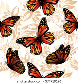 Seamless floral background with  butterflies. Vector