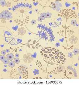 Seamless floral background with butterfly and heart. Vector pattern.