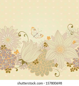 Seamless floral background with butterfly and lily. Vector pattern. Floral greeting card.