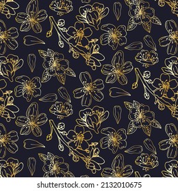 Seamless floral background. Cherry blossoms. Blooming cherry. golden cherry blossom flowers collection on dark background, great decoration elements for holidays designs.Vector Illustration .Eps 10.