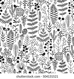 Seamless floral background. Christmas vector illustration of floral and bird, black silhouettes on white background.