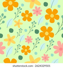 seamless floral background. Seamless Colorful Floral Pattern on Light Green Background. Playful seamless floral pattern with orange, pink, and yellow flowers on a fresh green background.