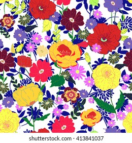 Seamless floral  background. Colorful pattern. Isolated beautiful flowers and leaves on white background. Vector illustration.
