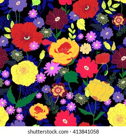 Seamless floral  background. Colorful pattern. Isolated beautiful flowers and leaves on dark background. Vector illustration.