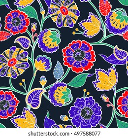 Seamless floral background. Colorful red and green isolated flowers and leafs on background. Design for prints, wallpaper, textile. Vector illustration.