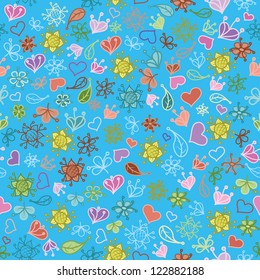 Seamless floral background, colorful symbolical contours and silhouettes flowers, leaves and hearts on blue. Vector