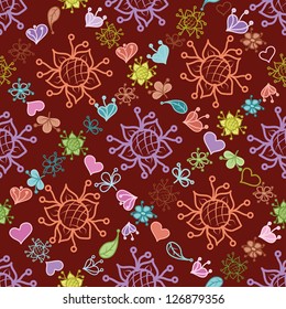 Seamless floral background, colorful symbolical contours and silhouettes flowers, leaves and hearts. Vector