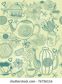seamless floral background with cups and teapots