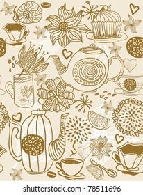 seamless floral background with cups and teapots