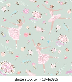 Seamless floral background with dancing ballerinas. Vector vintage pattern.